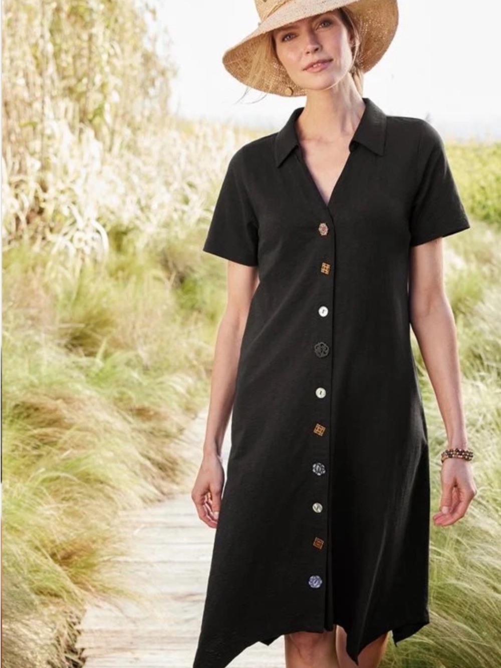 SOFT SURROUNDINGS Black Cotton Mixed Button Lagenlook Shirt Dress Size Medium